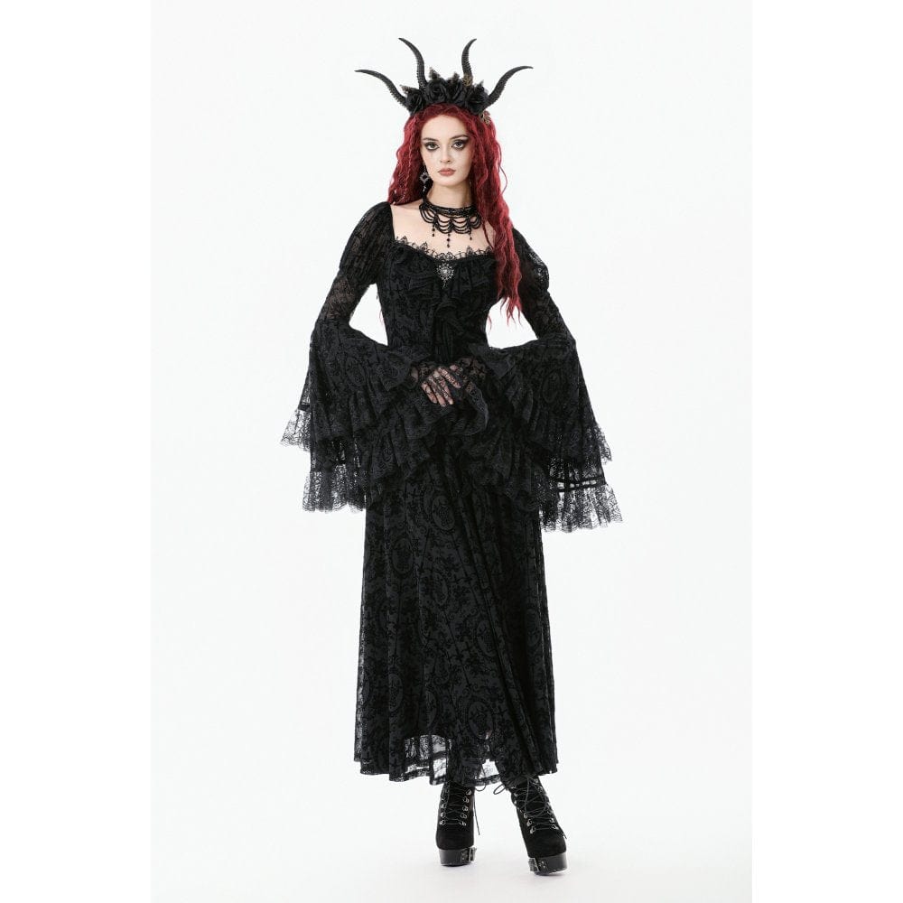 Darkinlove Women's Gothic Floral Embroidered Diamante Flared Sleeved Maxi Dress