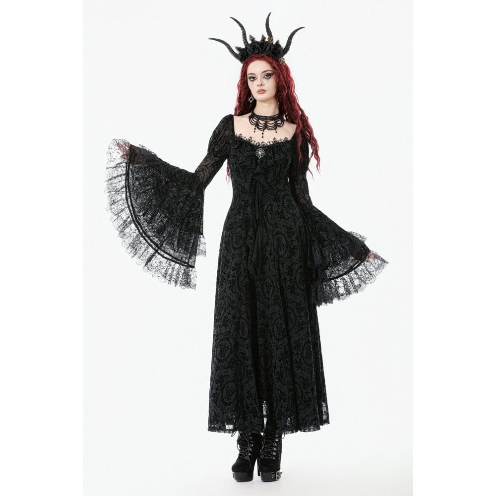 Darkinlove Women's Gothic Floral Embroidered Diamante Flared Sleeved Maxi Dress