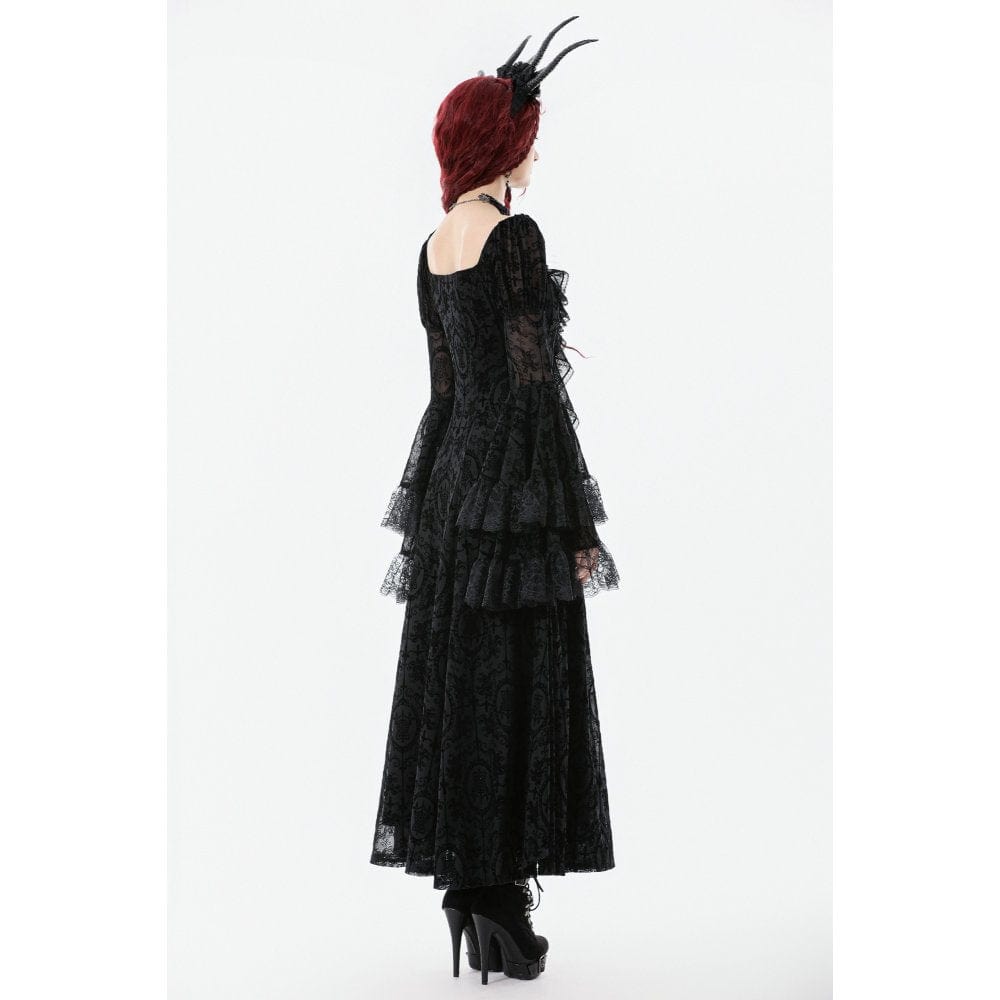 Darkinlove Women's Gothic Floral Embroidered Diamante Flared Sleeved Maxi Dress