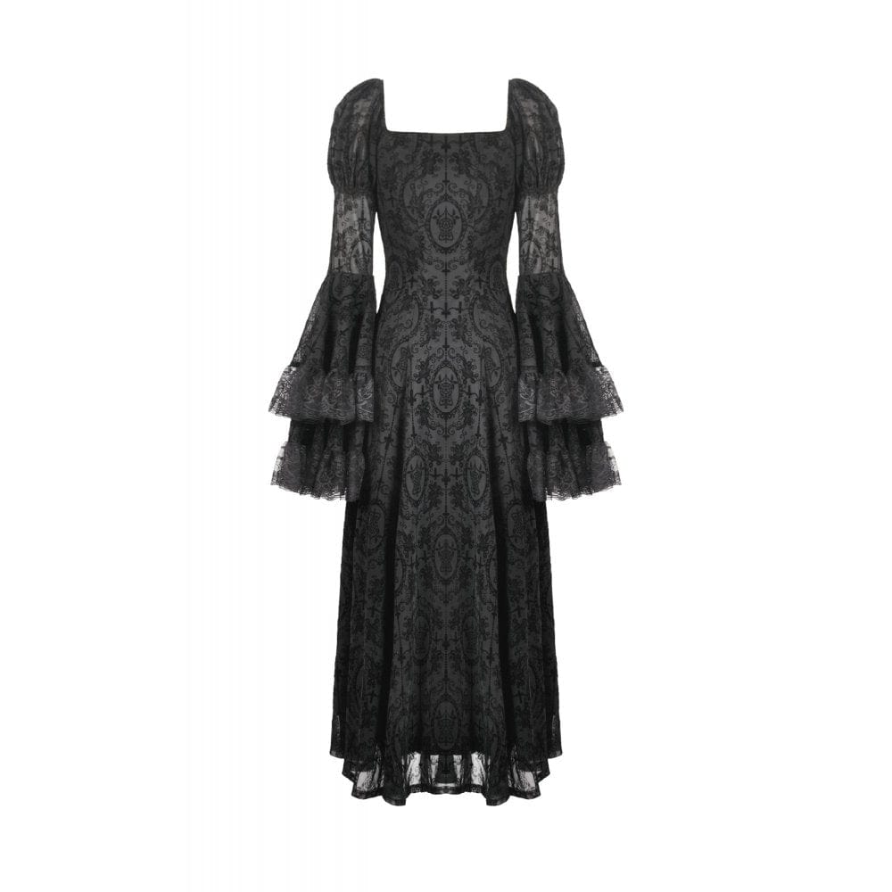 Darkinlove Women's Gothic Floral Embroidered Diamante Flared Sleeved Maxi Dress
