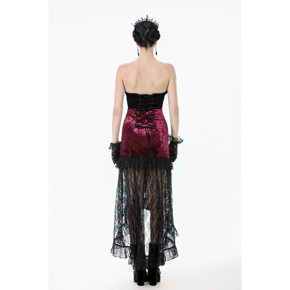 Darkinlove Women's Gothic Floral Embroidered High/Low Lace Maxi Skirt