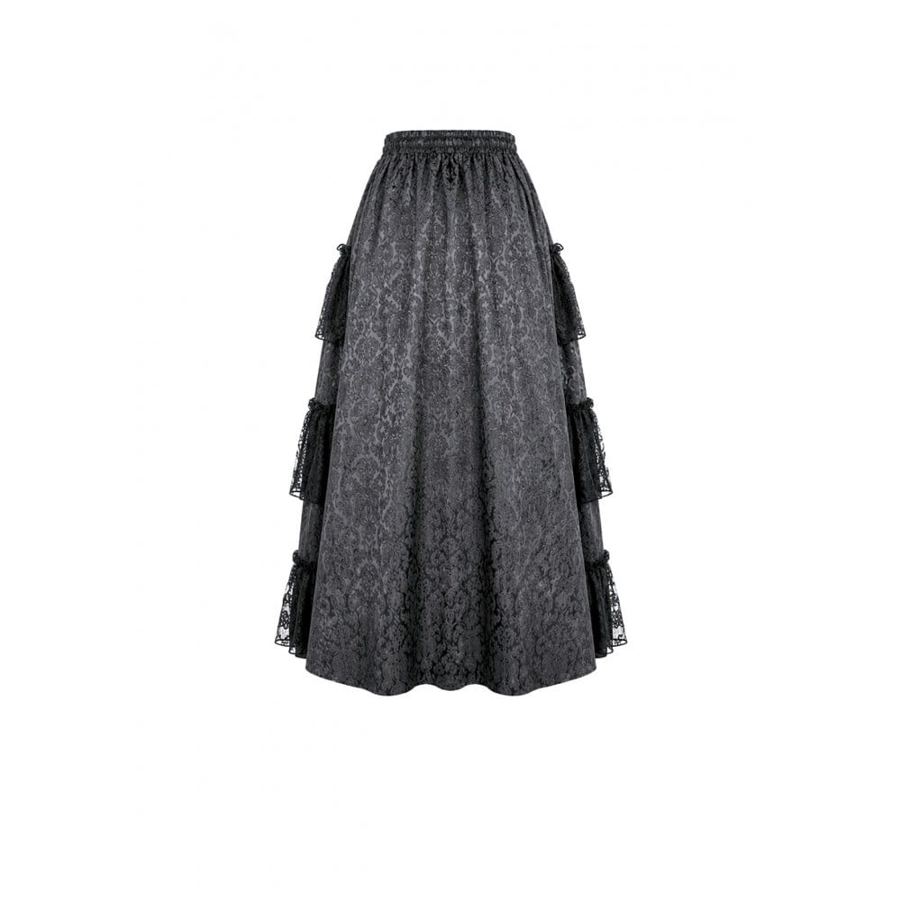 Darkinlove Women's Gothic Floral Embroidered Layered lace Ruffle Jacquard Maxi Skirt