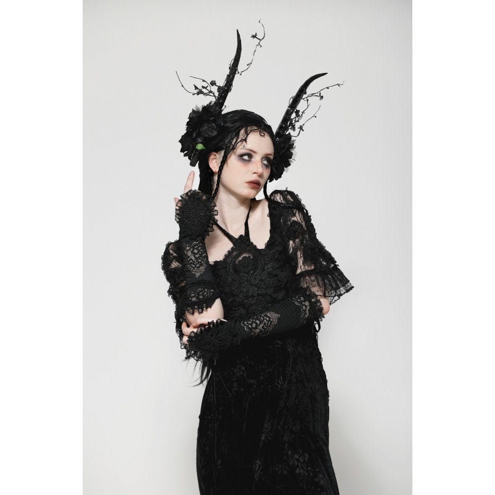 Darkinlove Women's Gothic Floral Embroidered Ruffled Lace Gloves