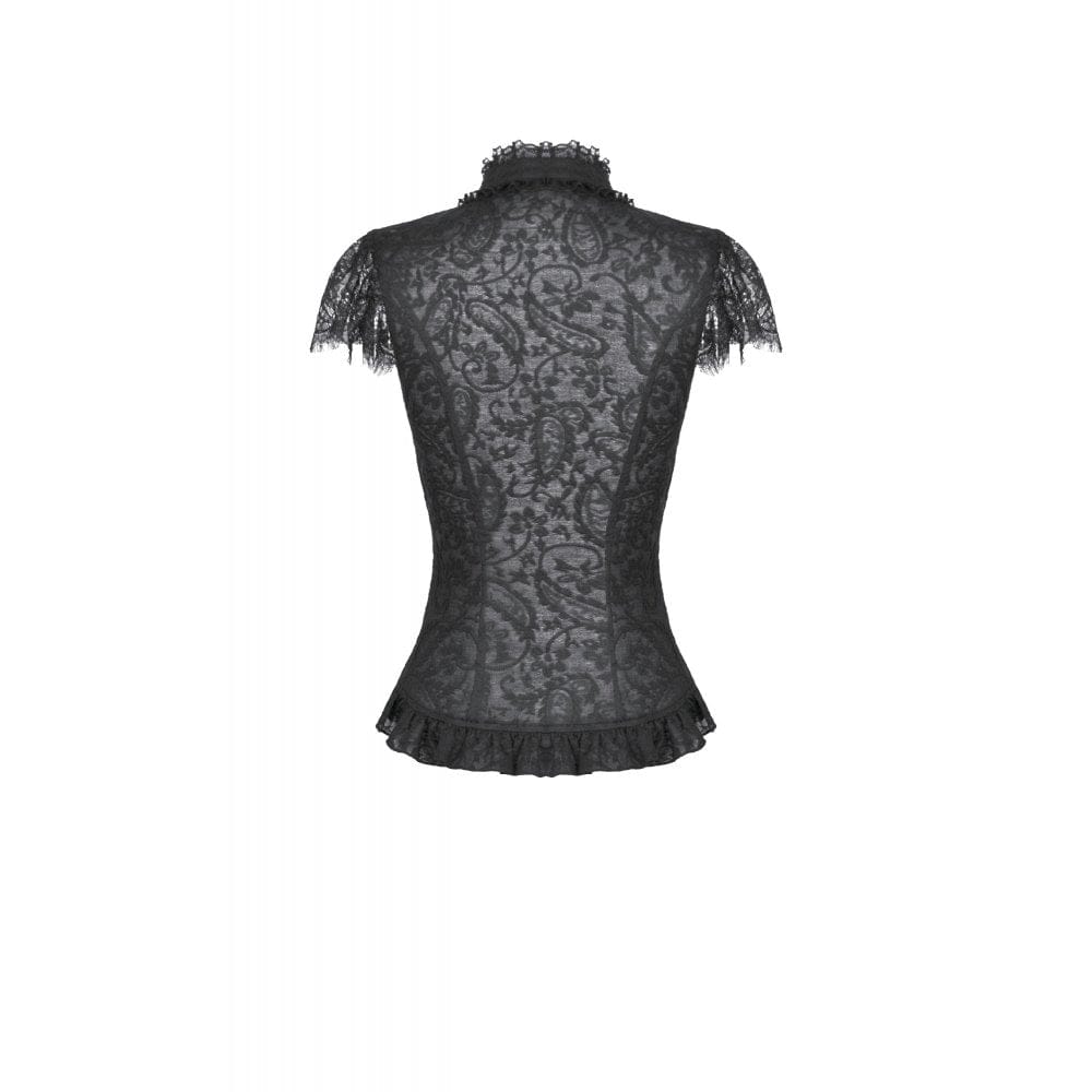 Darkinlove Women's Gothic Floral Lace Cutout High-Neck Short Sleeved Shirt