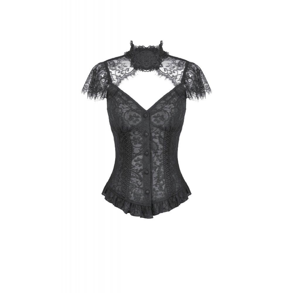 Darkinlove Women's Gothic Floral Lace Cutout High-Neck Short Sleeved Shirt