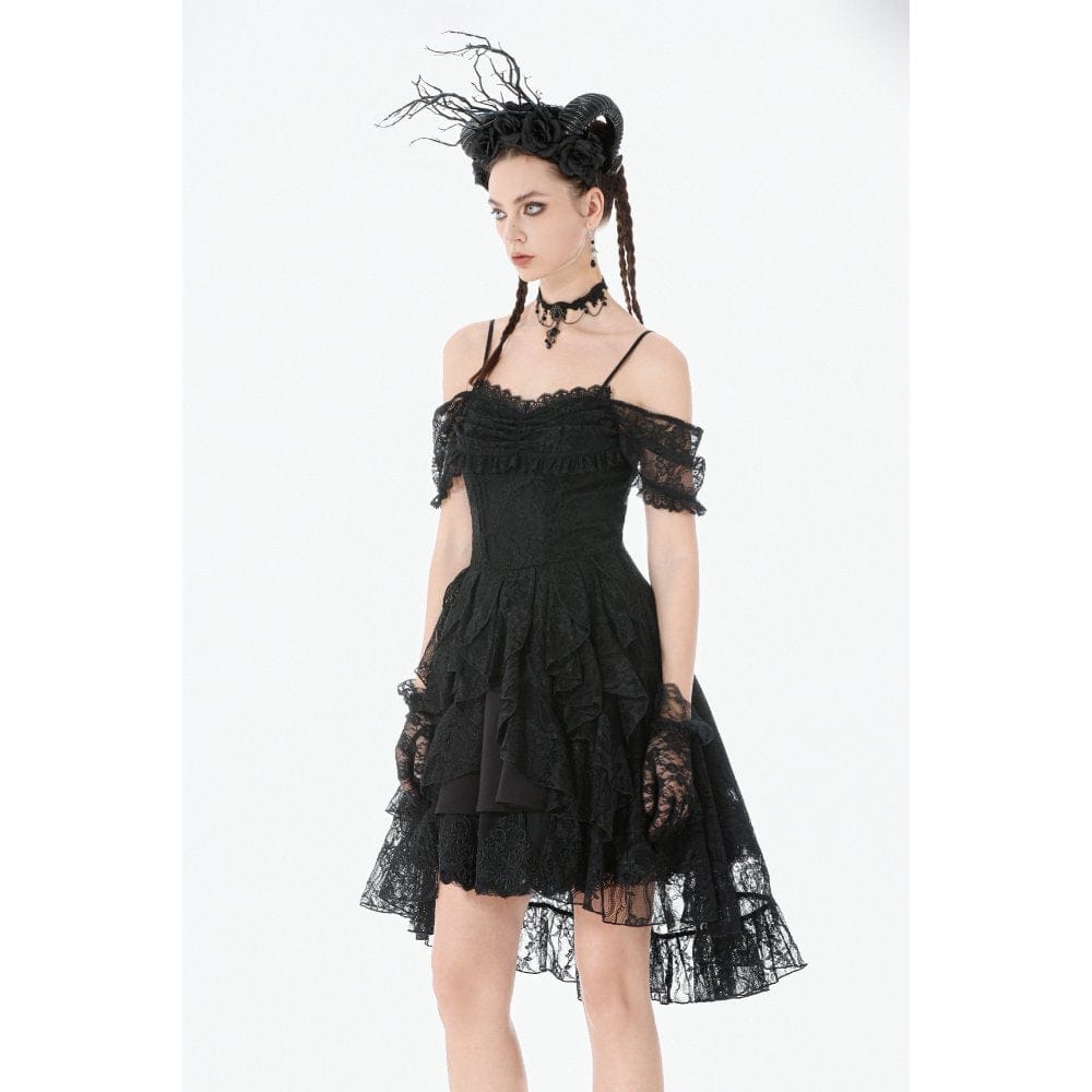 Darkinlove Women's Gothic Floral Lace High Low Off Shoulder Dress