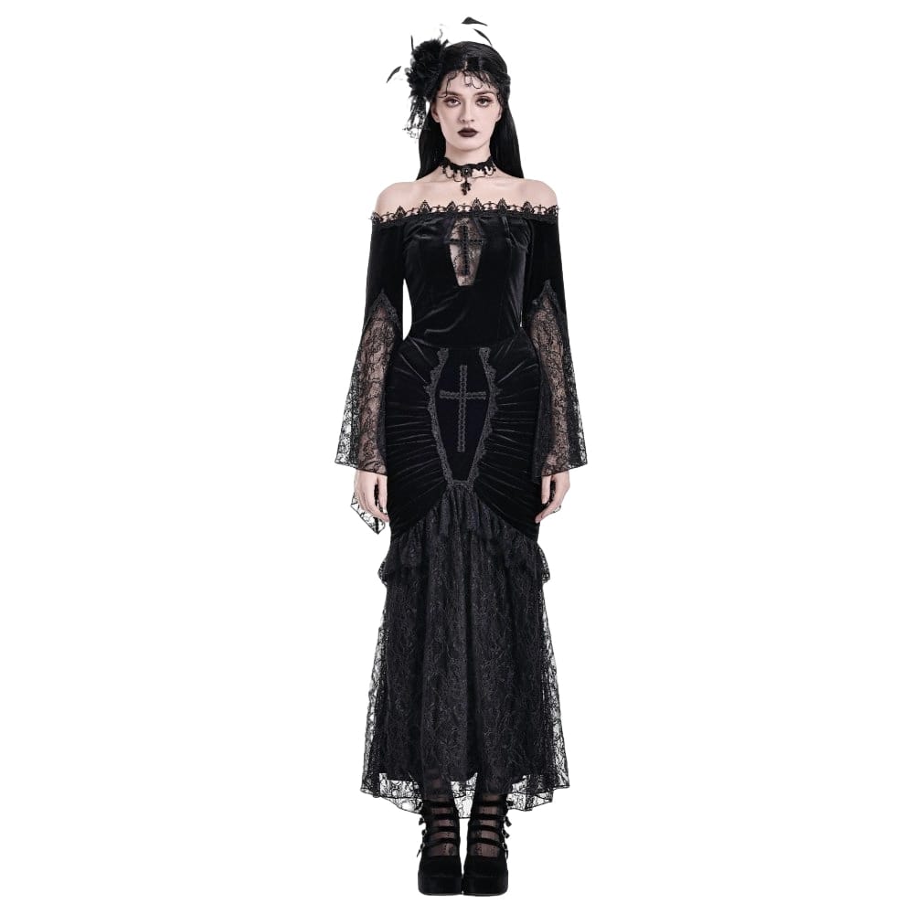 Darkinlove Women's Gothic Floral Lace Patchwork Cross Ruched Velvet Mermaid Skirt