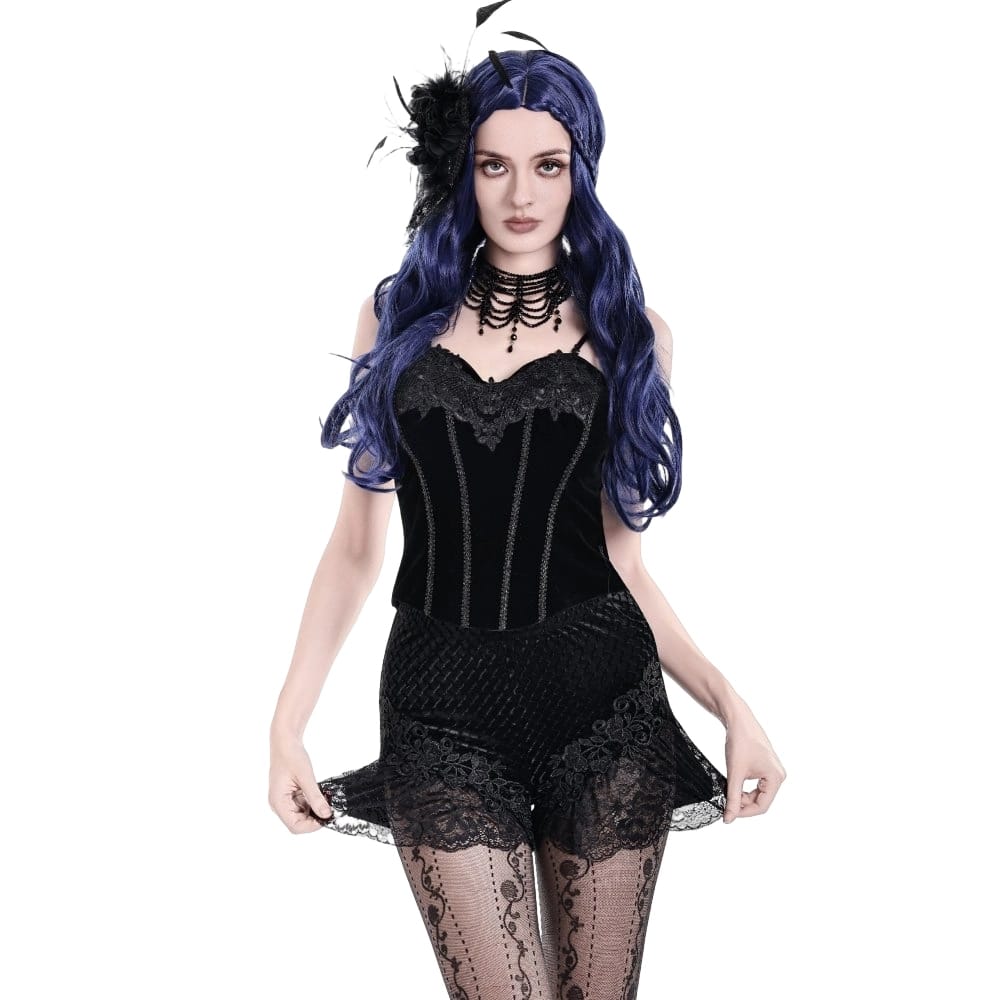 Darkinlove Women's Gothic Floral Lace Patchwork Embossed Velvet Shorts
