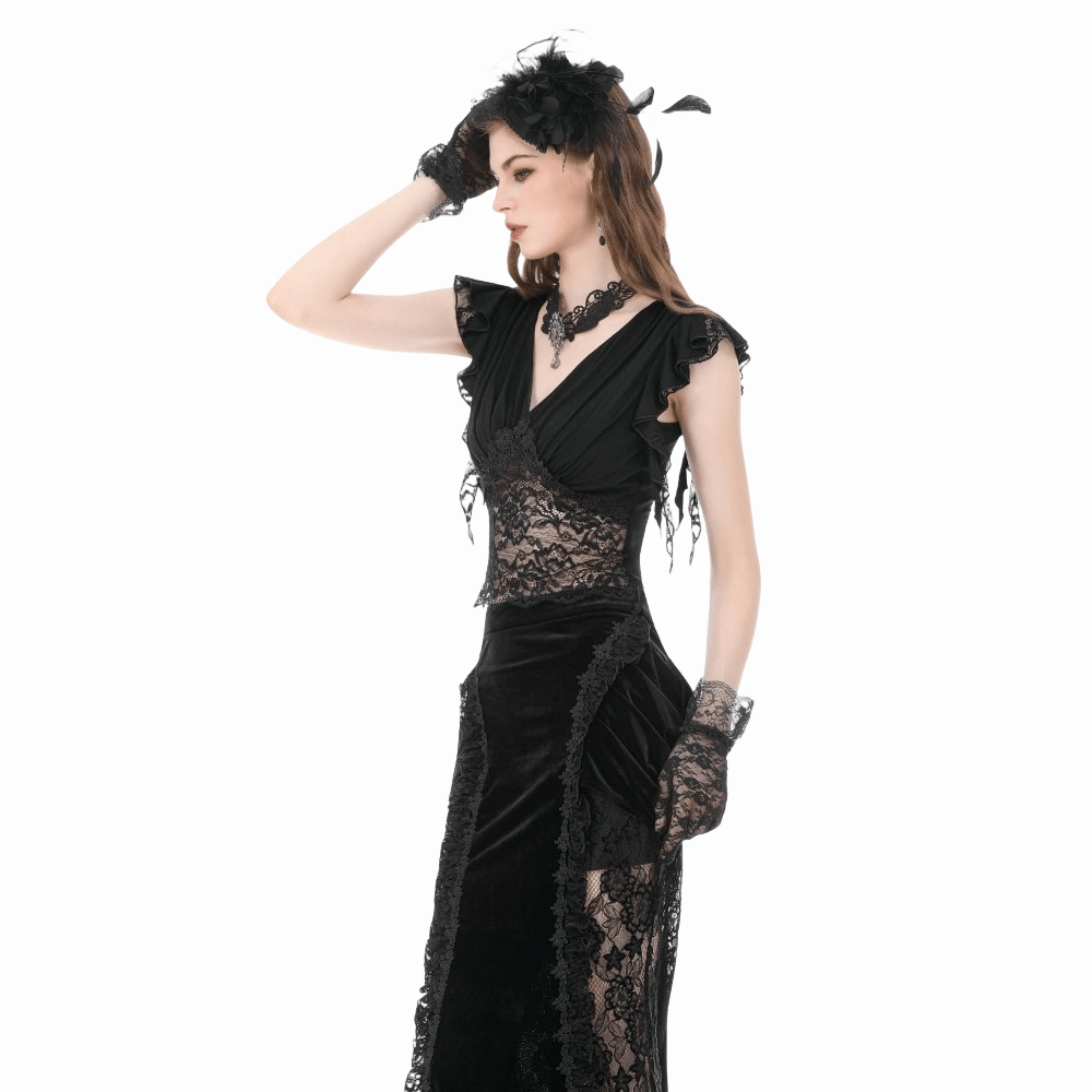 Darkinlove Women's Gothic Floral Lace Patchwork Plunging Draped Crop Top