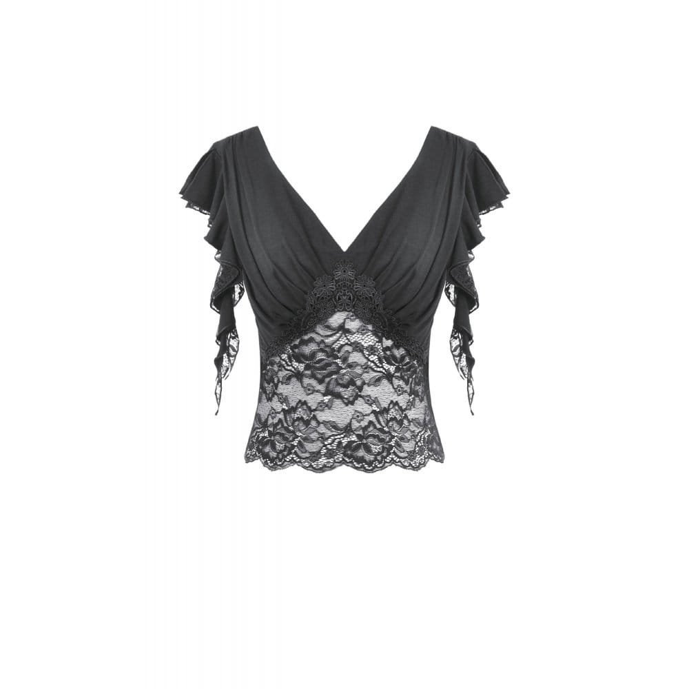 Darkinlove Women's Gothic Floral Lace Patchwork Plunging Draped Crop Top
