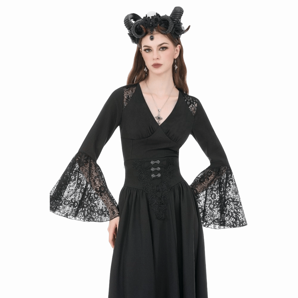 Darkinlove Women's Gothic Floral Lace Patchwork Plunging Long Sleeve Shirt