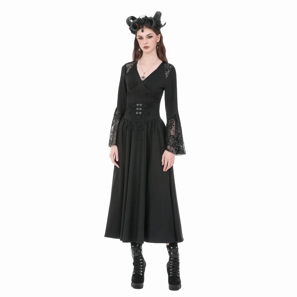 Darkinlove Women's Gothic Floral Lace Patchwork Plunging Long Sleeve Shirt
