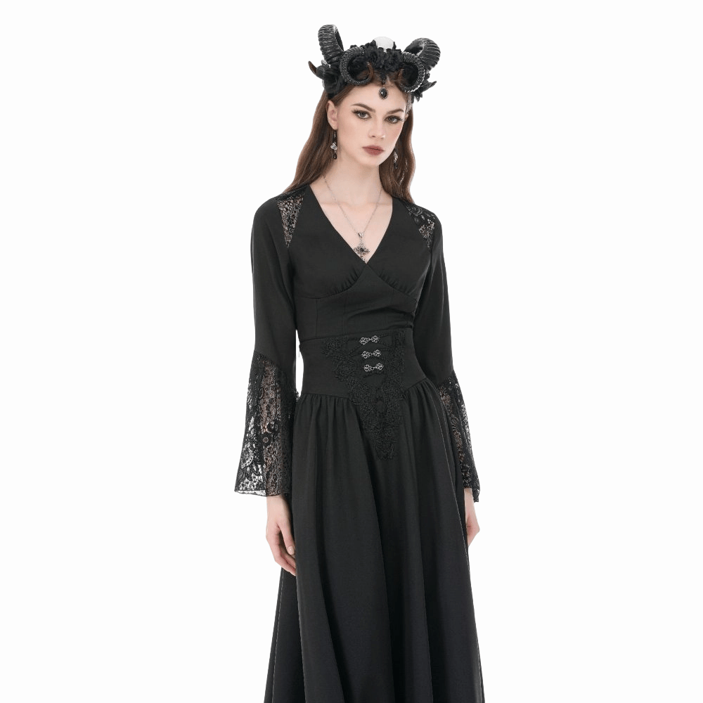 Darkinlove Women's Gothic Floral Lace Patchwork Plunging Long Sleeve Shirt