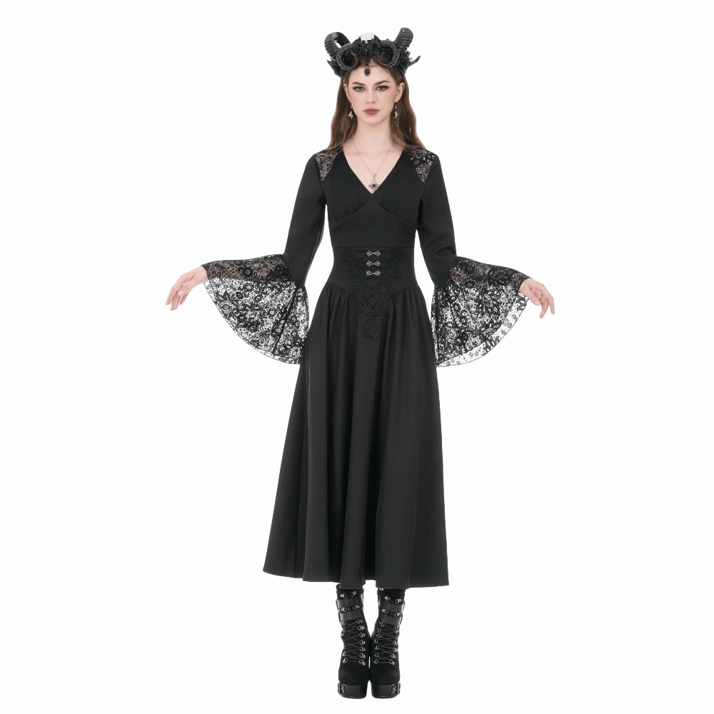 Darkinlove Women's Gothic Floral Lace Patchwork Plunging Long Sleeve Shirt