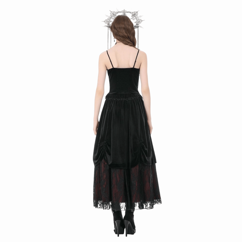 Darkinlove Women's Gothic Floral Lace Ruched Velvet Long Skirt