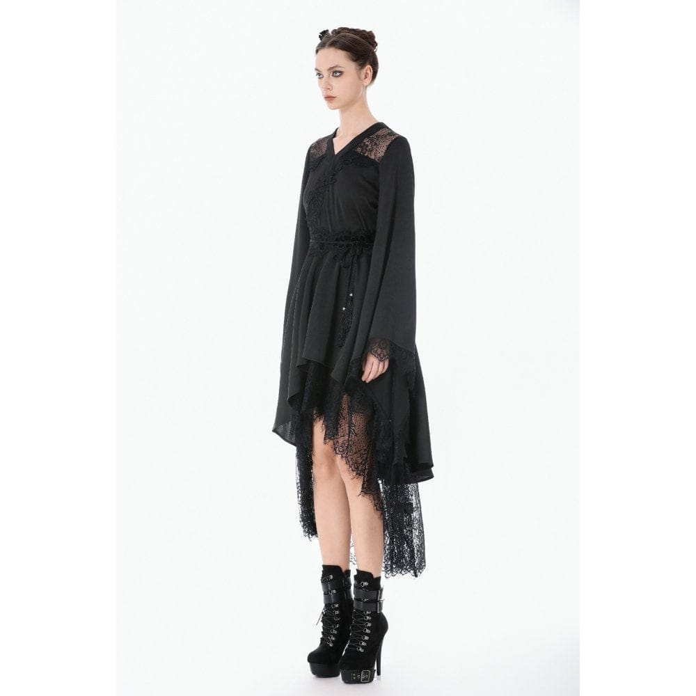 Darkinlove Women's Gothic Floral lace Sheer High Low Long Sleeved Dress