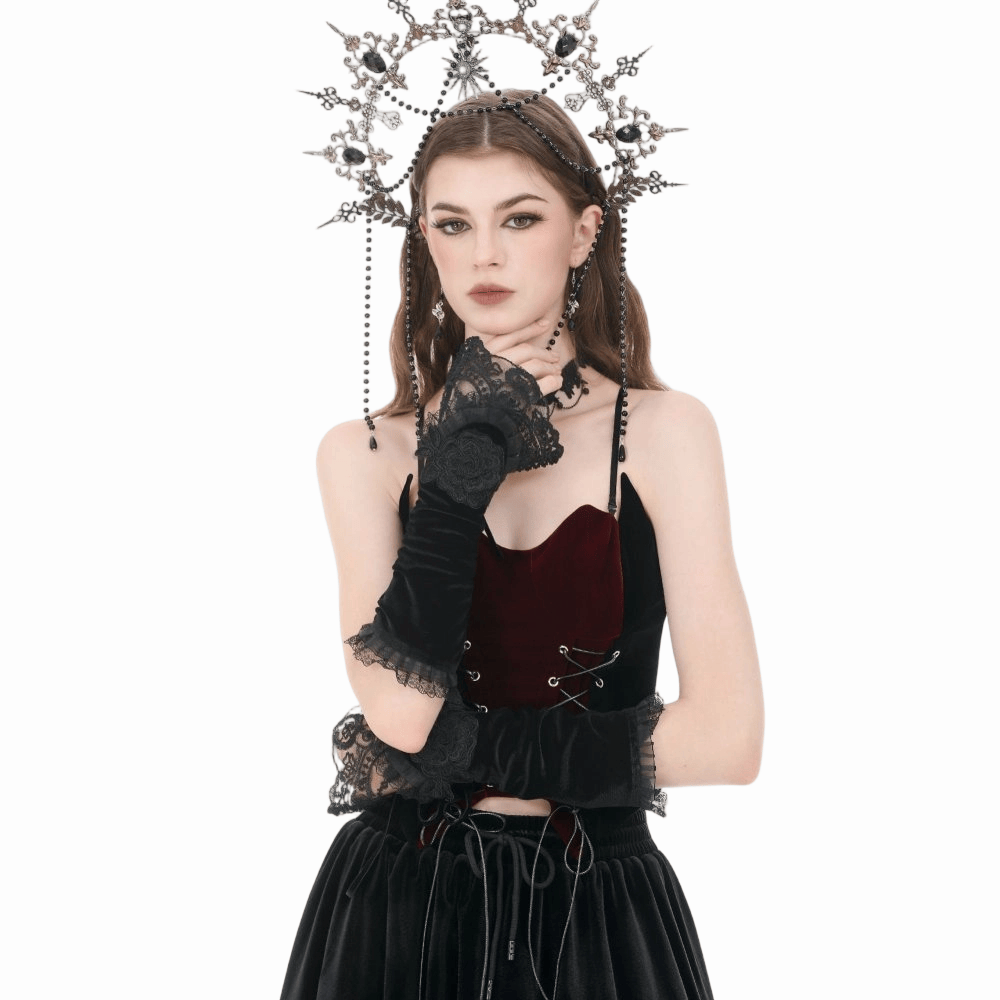 Darkinlove Women's Gothic Floral Lace-up Velvet Arm Sleeves