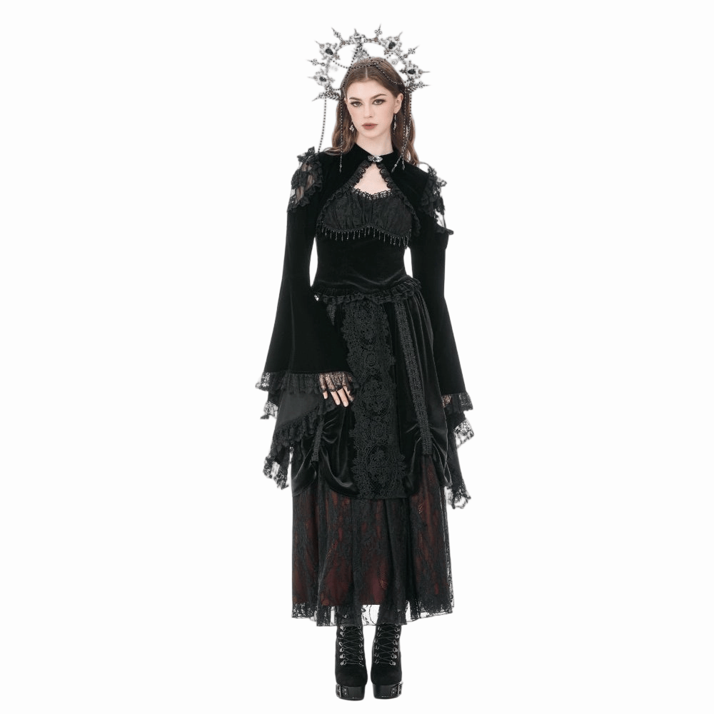Darkinlove Women's Gothic Floral Mesh Splice Ruffled Flare Sleeve Velvet Cape
