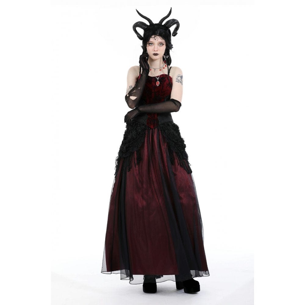 Darkinlove Women's Gothic Floral Tassel Mesh Splice Skirt