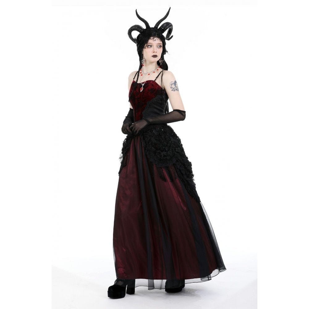Darkinlove Women's Gothic Floral Tassel Mesh Splice Skirt