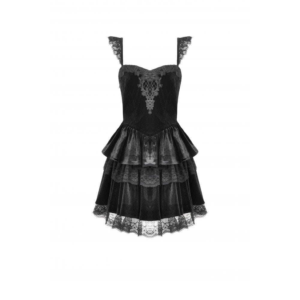 Darkinlove Women's Gothic Flower Embroidered Multilayer Lace Velet Slip Dress