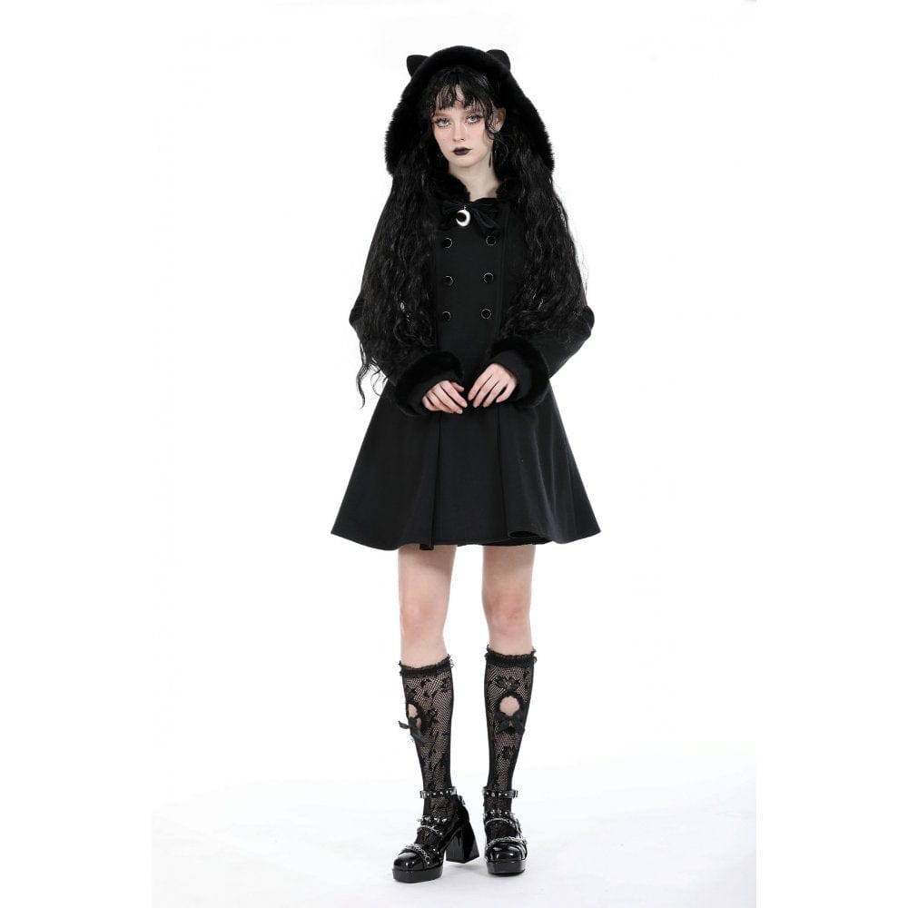 Darkinlove Women's Gothic Fluffy Splice Woolen Coat with Cat Ear Hood