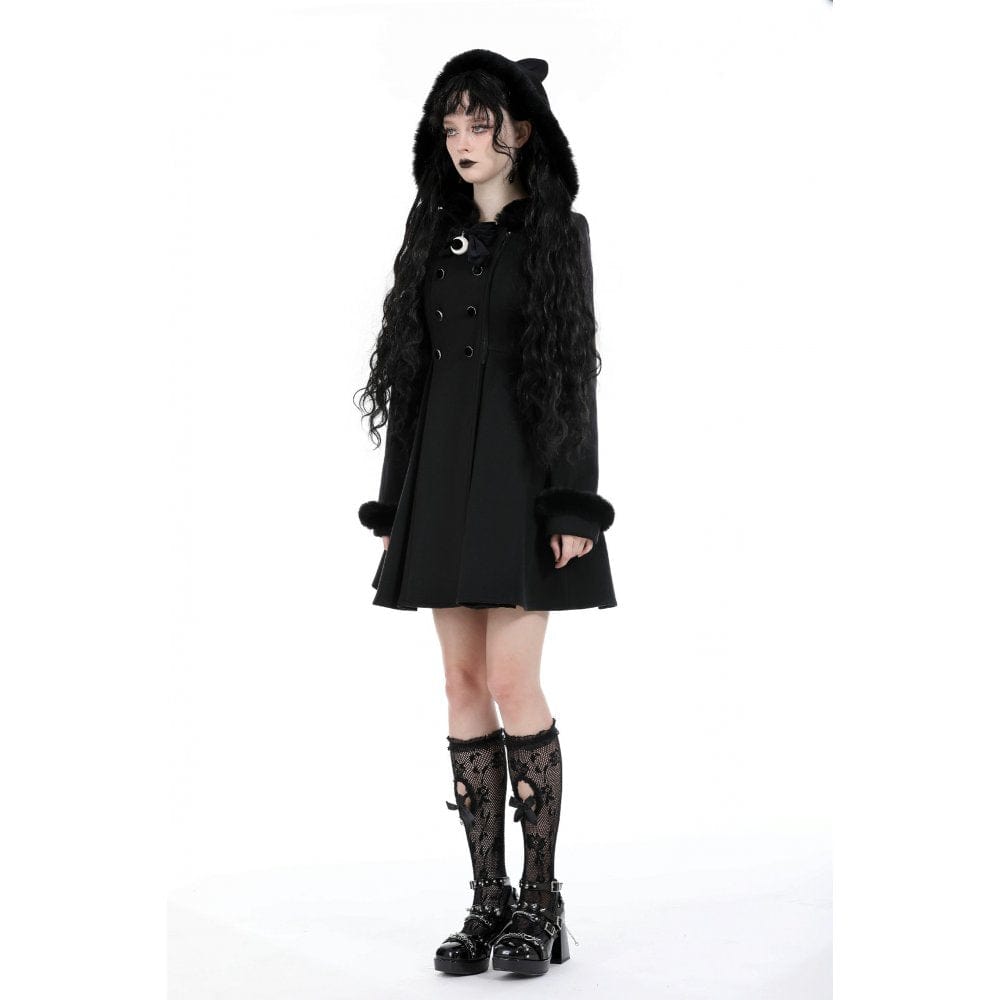 Darkinlove Women's Gothic Fluffy Splice Woolen Coat with Cat Ear Hood