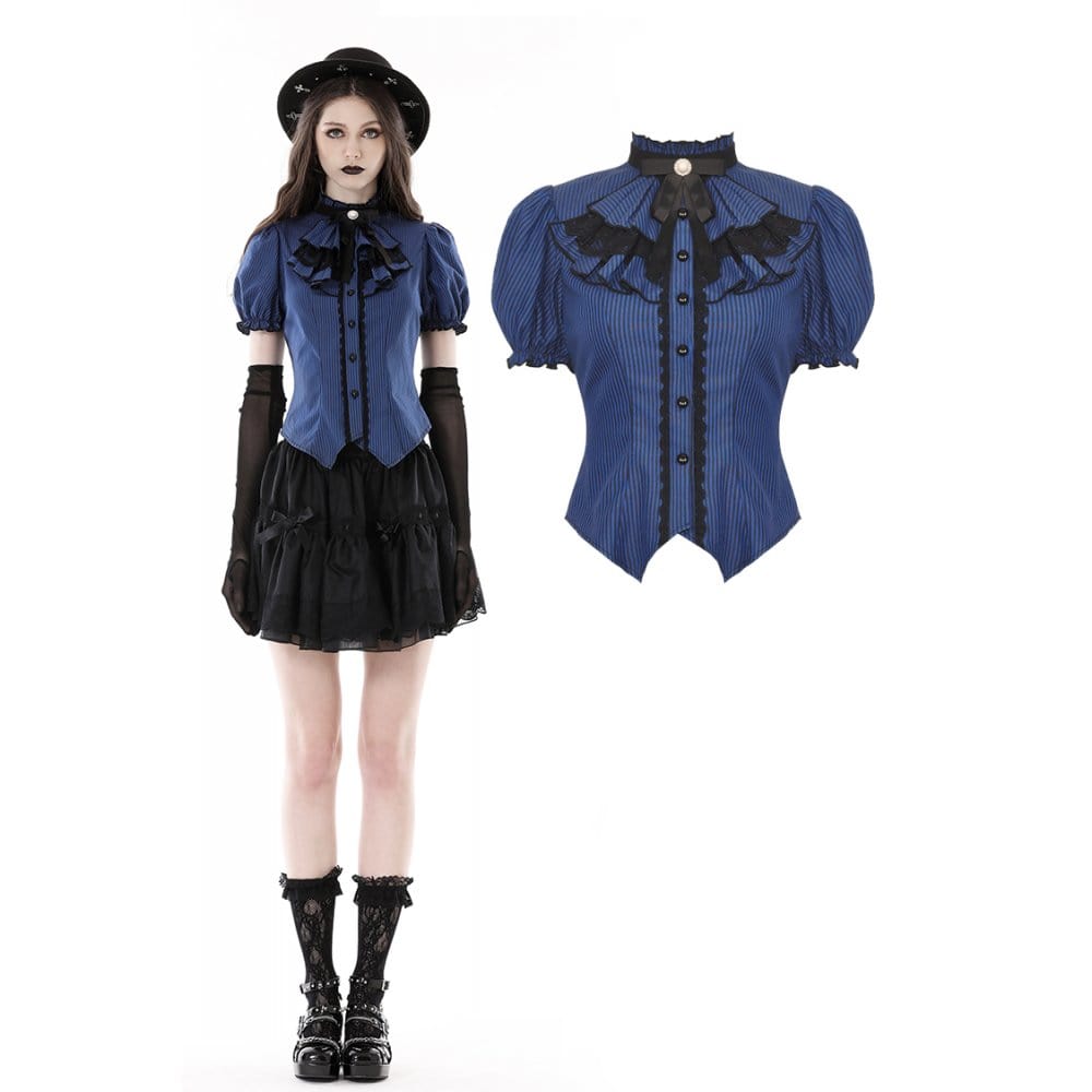 Darkinlove Women's Gothic Frilly Collar Striped Shirt
