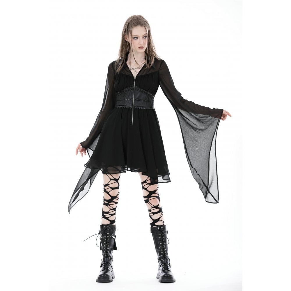 Darkinlove Women's Gothic Irregular Plunging Flared Sleeved Dress