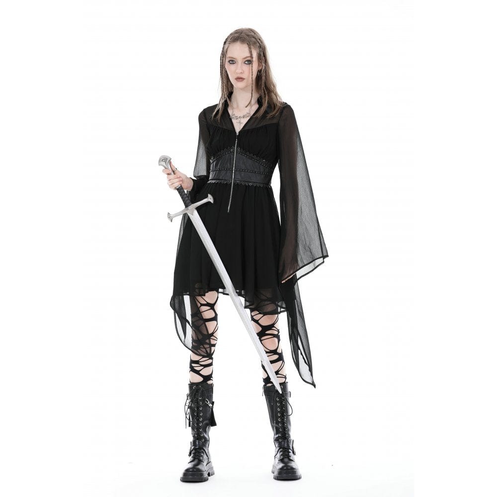 Darkinlove Women's Gothic Irregular Plunging Flared Sleeved Dress