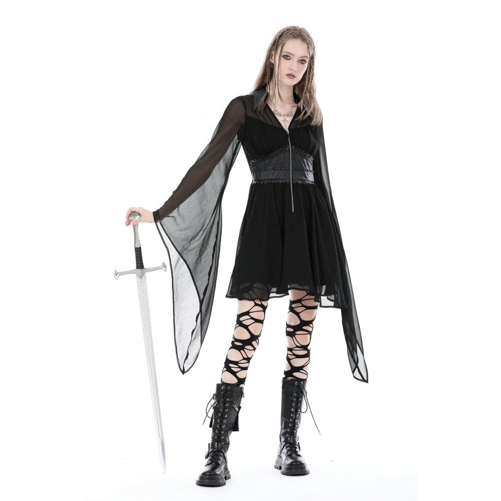 Darkinlove Women's Gothic Irregular Plunging Flared Sleeved Dress