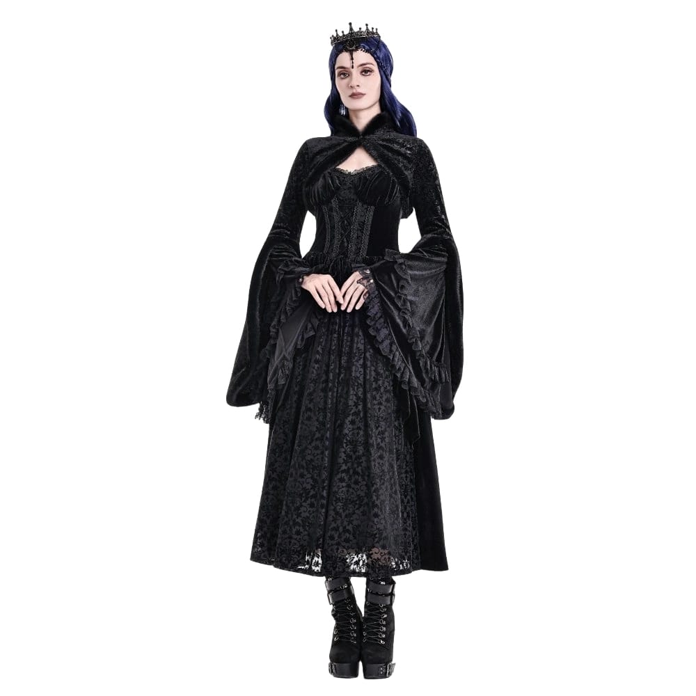 Darkinlove Women's Gothic Jacquard Faux Fur Trim Frog Button Cropped Cape