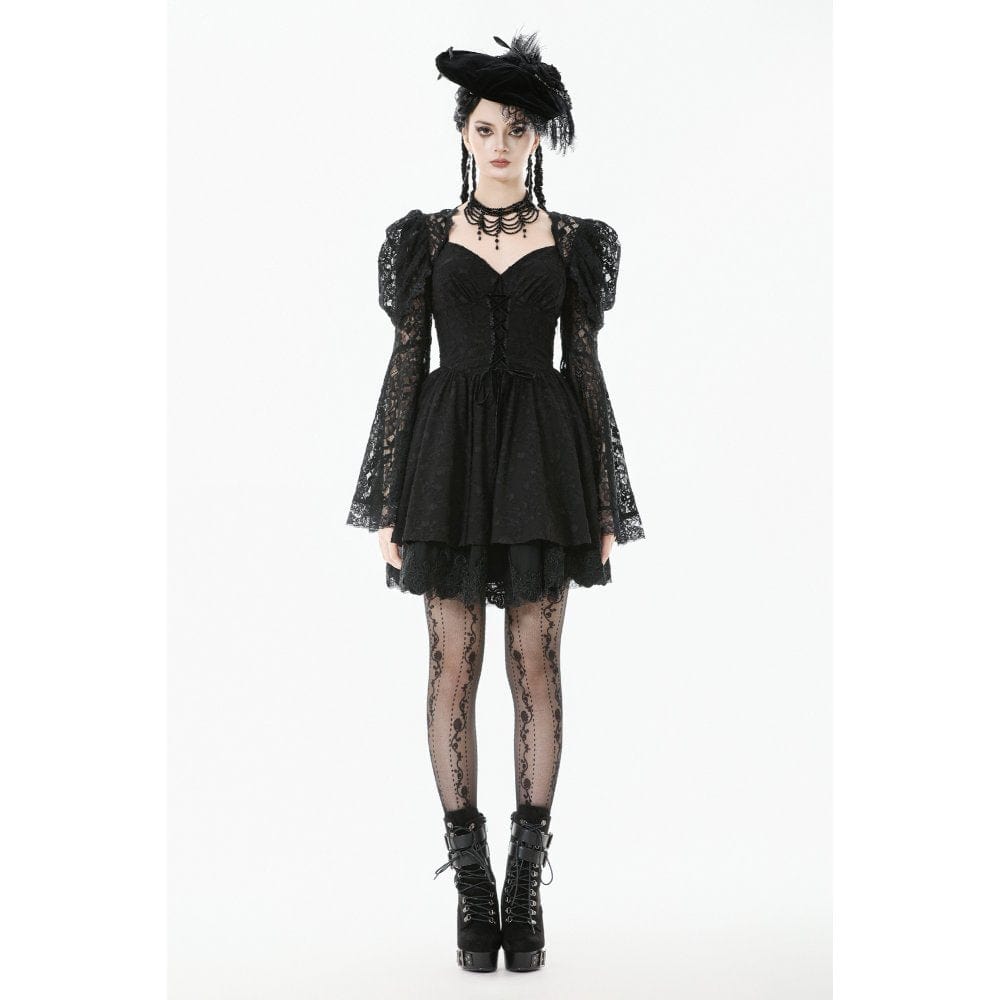 Darkinlove Women's Gothic Jacquard Floral Lace Sleeved Dress