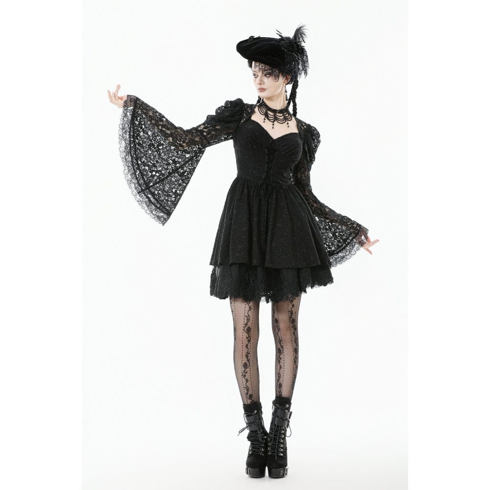 Darkinlove Women's Gothic Jacquard Floral Lace Sleeved Dress