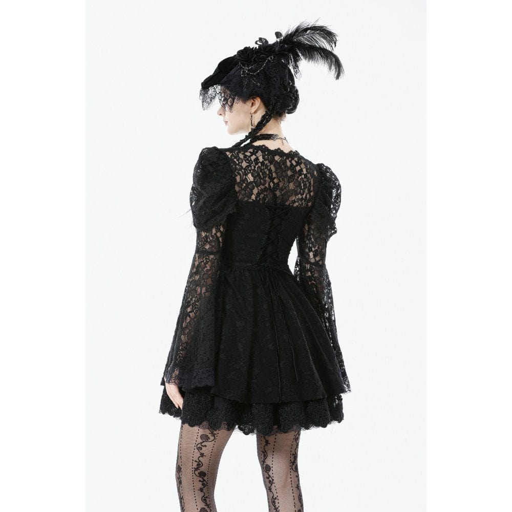 Darkinlove Women's Gothic Jacquard Floral Lace Sleeved Dress