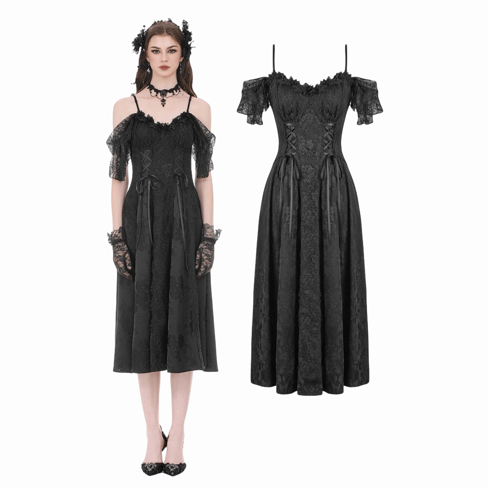 Darkinlove Women's Gothic Jacquard Lace-up Off Shoulder Slip Dress