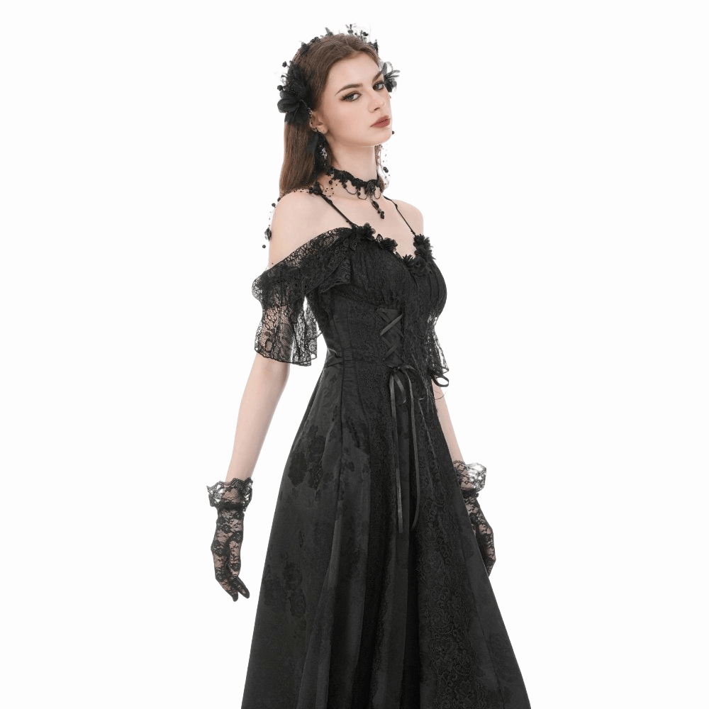 Darkinlove Women's Gothic Jacquard Lace-up Off Shoulder Slip Dress