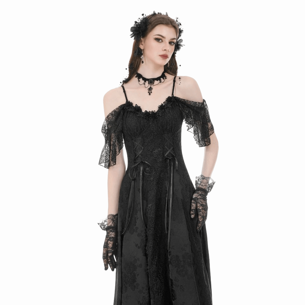 Darkinlove Women's Gothic Jacquard Lace-up Off Shoulder Slip Dress
