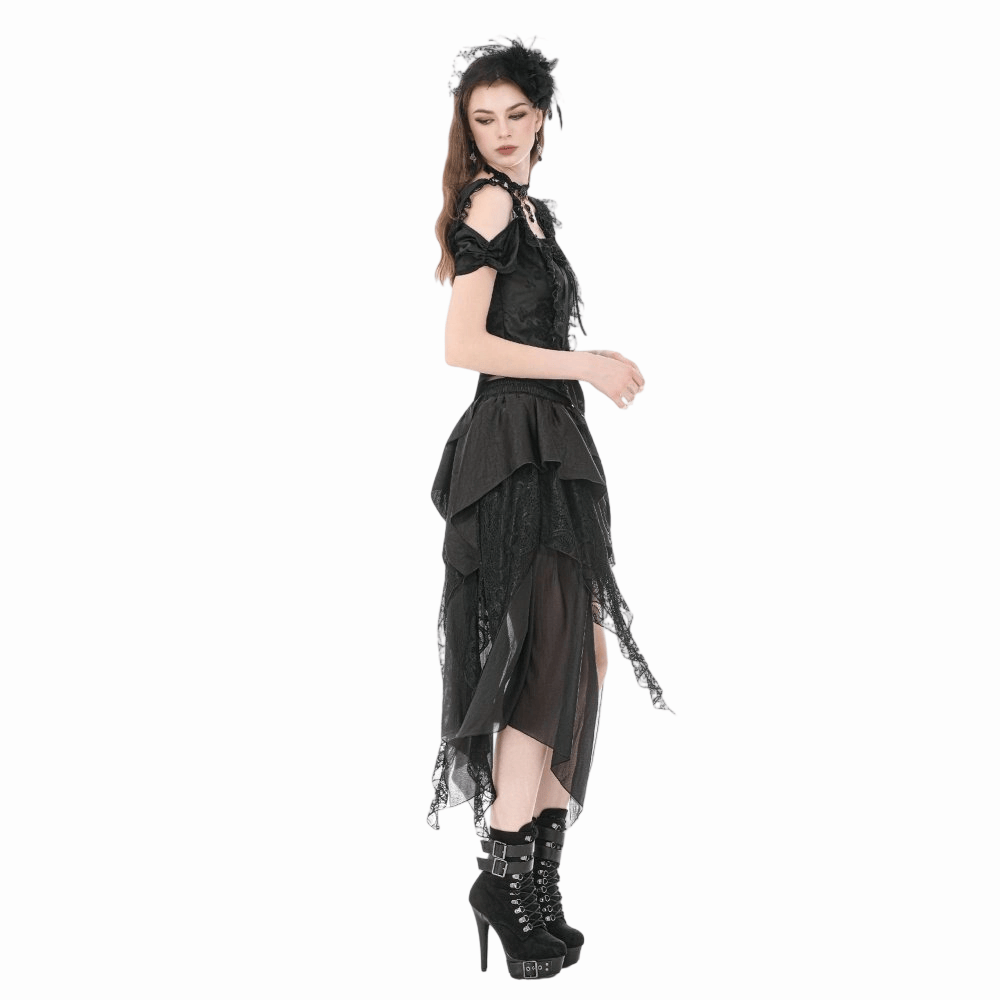 Darkinlove Women's Gothic Jacquard Rose Cutout Short Sleeve Shirt