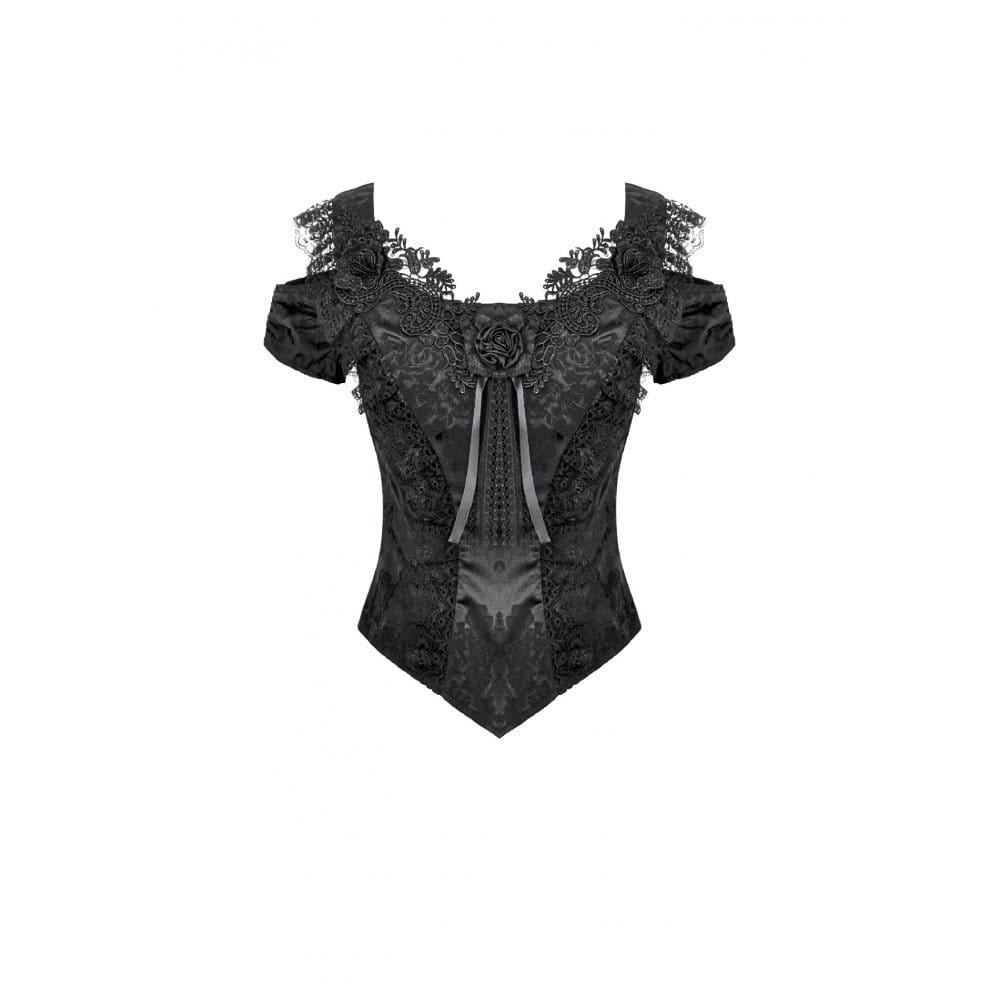 Darkinlove Women's Gothic Jacquard Rose Cutout Short Sleeve Shirt