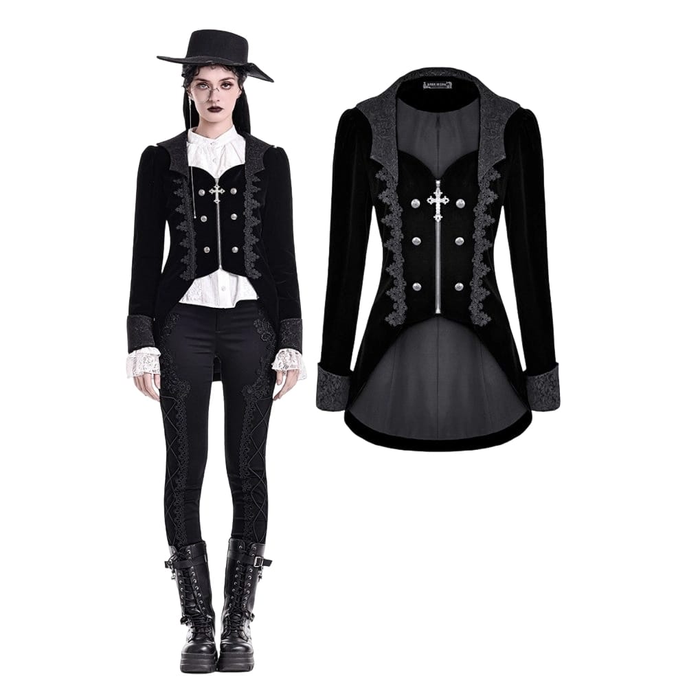 Darkinlove Women's Gothic Lace Applique Lapel Zipper Tailcoat Jacket