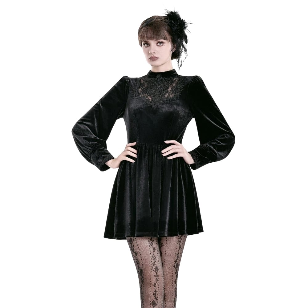 Darkinlove Women's Gothic Lace Applique Mock Neck Bishop Sleeve Velvet Short Dress
