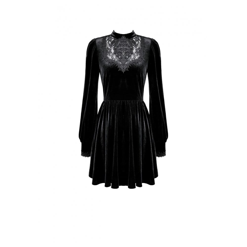 Darkinlove Women's Gothic Lace Applique Mock Neck Bishop Sleeve Velvet Short Dress