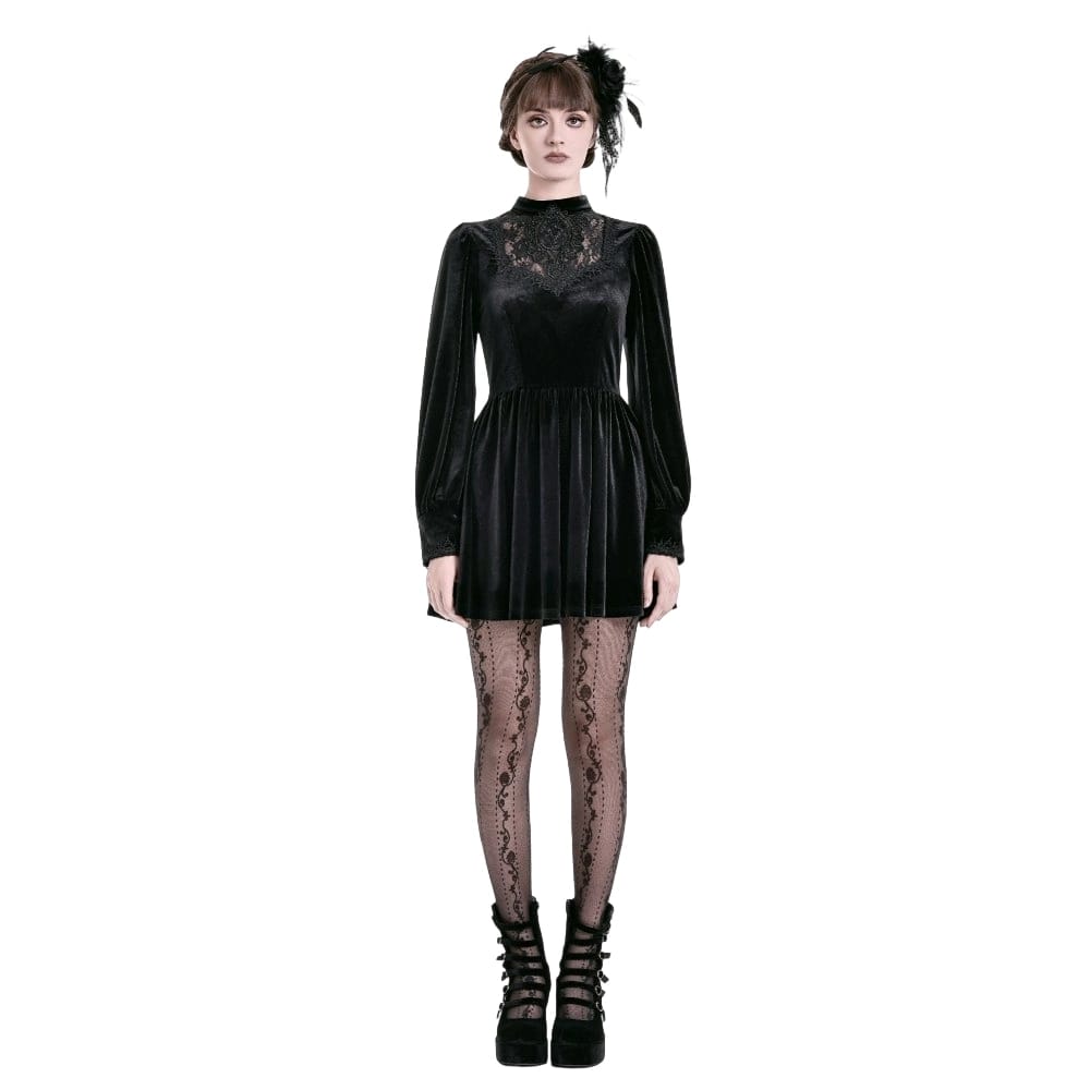 Darkinlove Women's Gothic Lace Applique Mock Neck Bishop Sleeve Velvet Short Dress