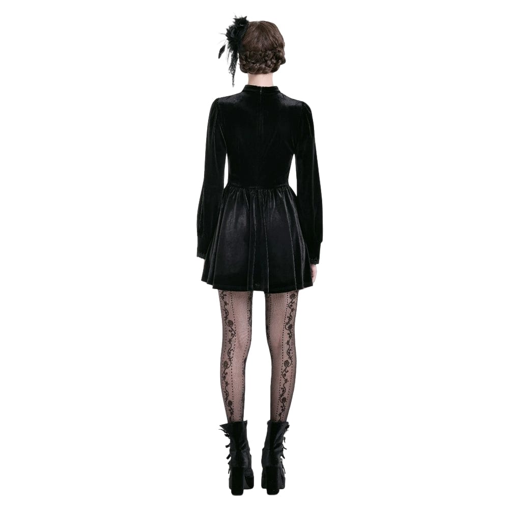 Darkinlove Women's Gothic Lace Applique Mock Neck Bishop Sleeve Velvet Short Dress
