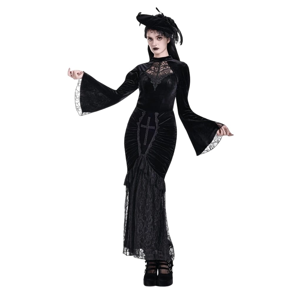 Darkinlove Women's Gothic Lace Applique Mock Neck Flare Sleeve Velvet Top