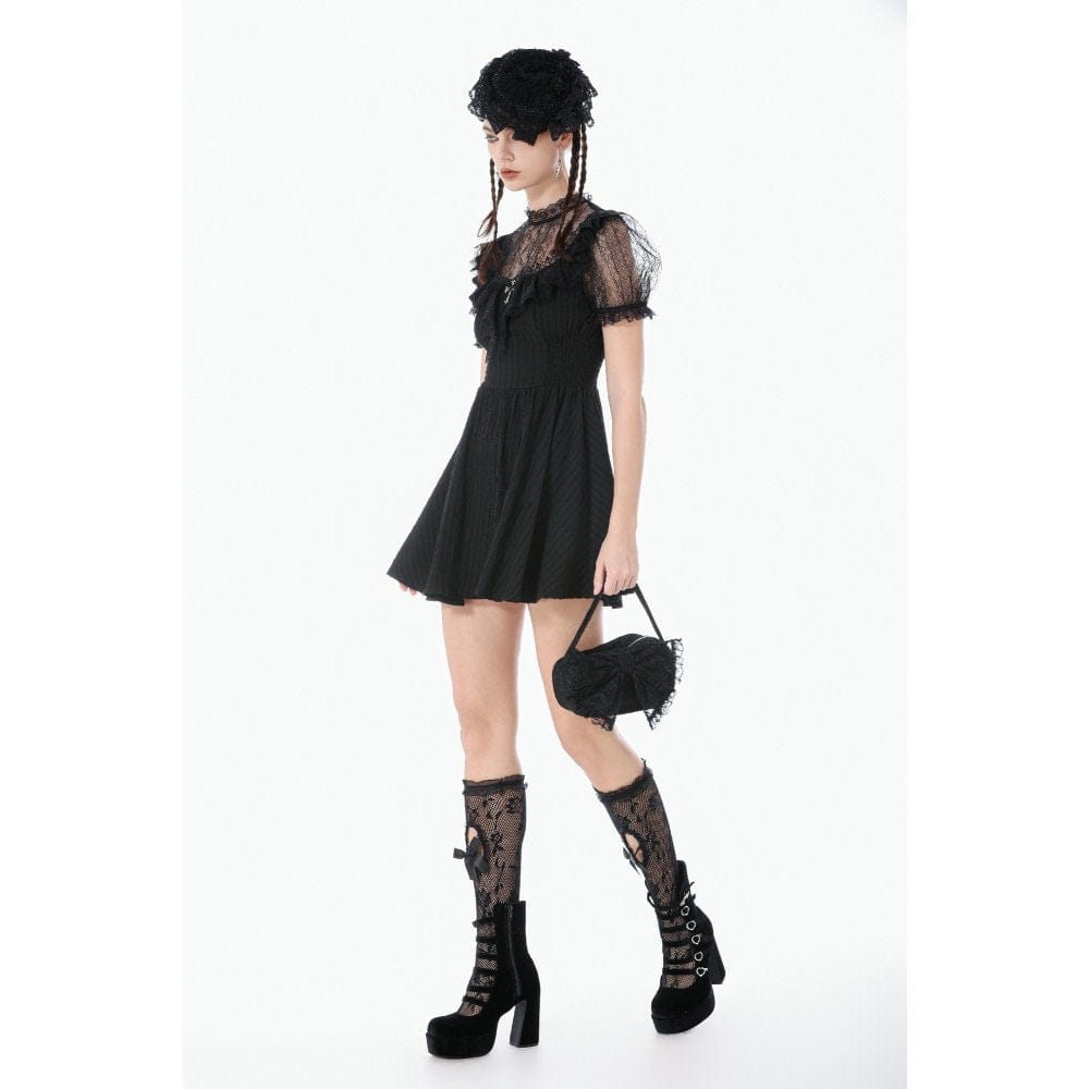 Darkinlove Women's Gothic Lace Cross Ruffled Short Sleeved Dress