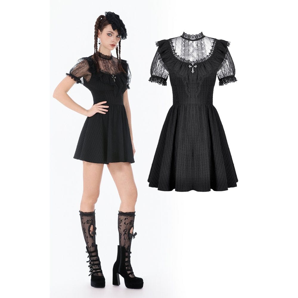 Darkinlove Women's Gothic Lace Cross Ruffled Short Sleeved Dress