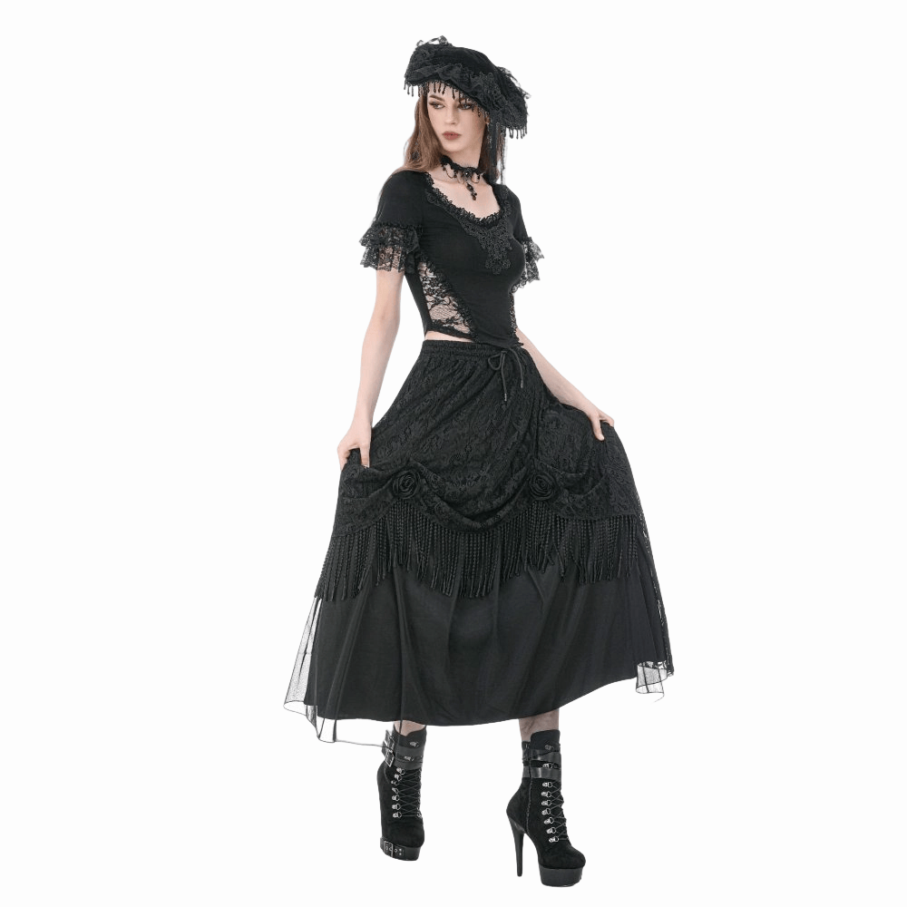 Darkinlove Women's Gothic Lace Embroidered Square-cut Collar Short Sleeve Top