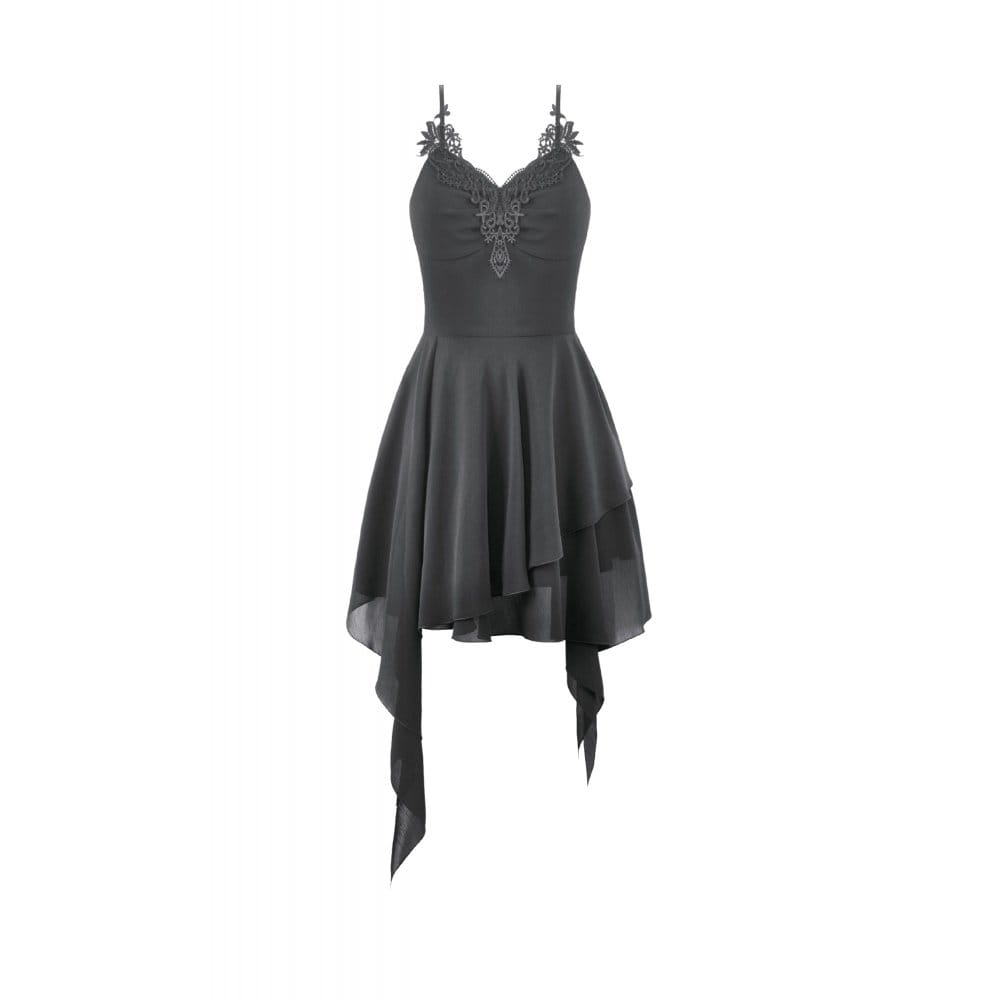 Darkinlove Women's Gothic Lace Embroidered V-Neck Asymmetric Slip Dress